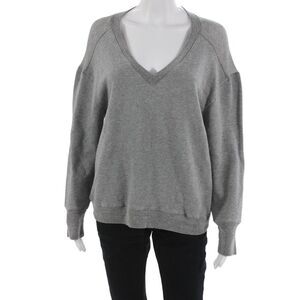 R+A Womens Gray V-Neck Pullover Sweatshirt Cotton Blend Long Sleeve Size S
